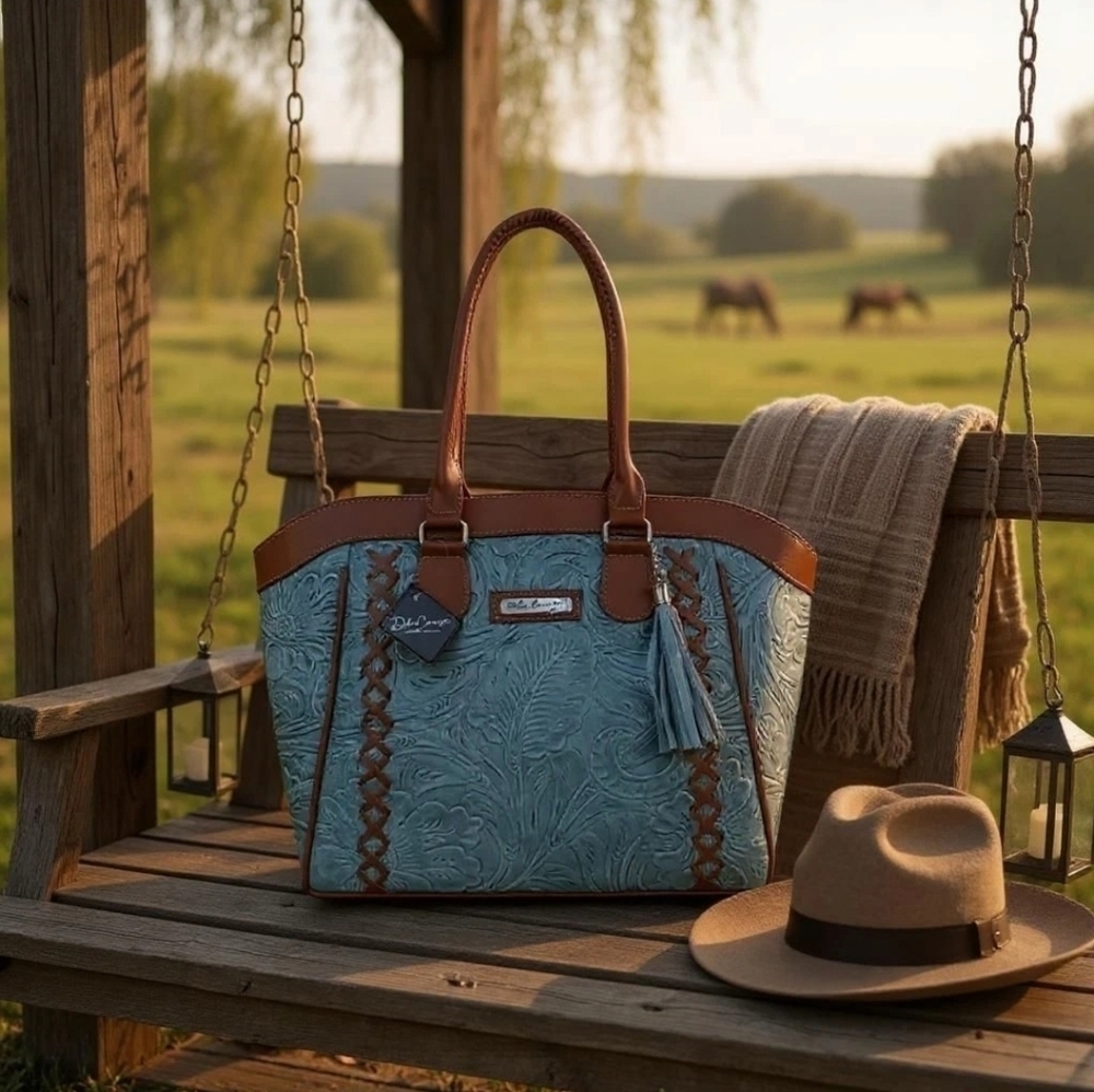 Denim Blue Brown Cross Stitch Embossed Tooled Artisan LEATHER Hobo Bag Purse - Picture 9 of 9